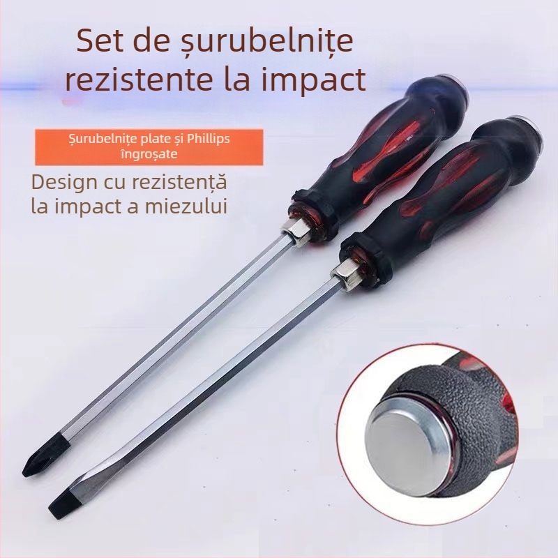 Set de șurubelnițe rezistent la impact cu bituri cruciforme și plate pentru utilizare industrială — corp din plastic; mâner din oțel crom-vanadiu; tip cap rotativ: cruciform