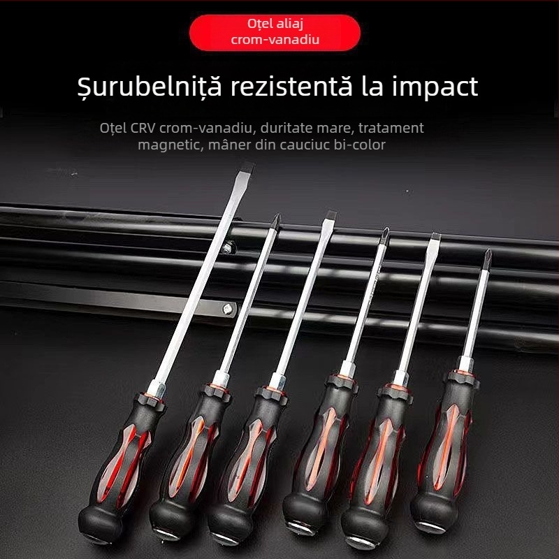 Set de șurubelnițe rezistent la impact cu bituri cruciforme și plate pentru utilizare industrială — corp din plastic; mâner din oțel crom-vanadiu; tip cap rotativ: cruciform
