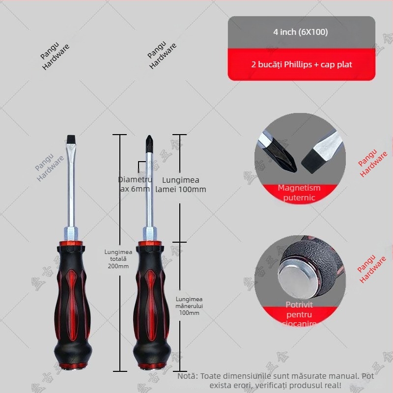 Set de șurubelnițe rezistent la impact cu bituri cruciforme și plate pentru utilizare industrială — corp din plastic; mâner din oțel crom-vanadiu; tip cap rotativ: cruciform