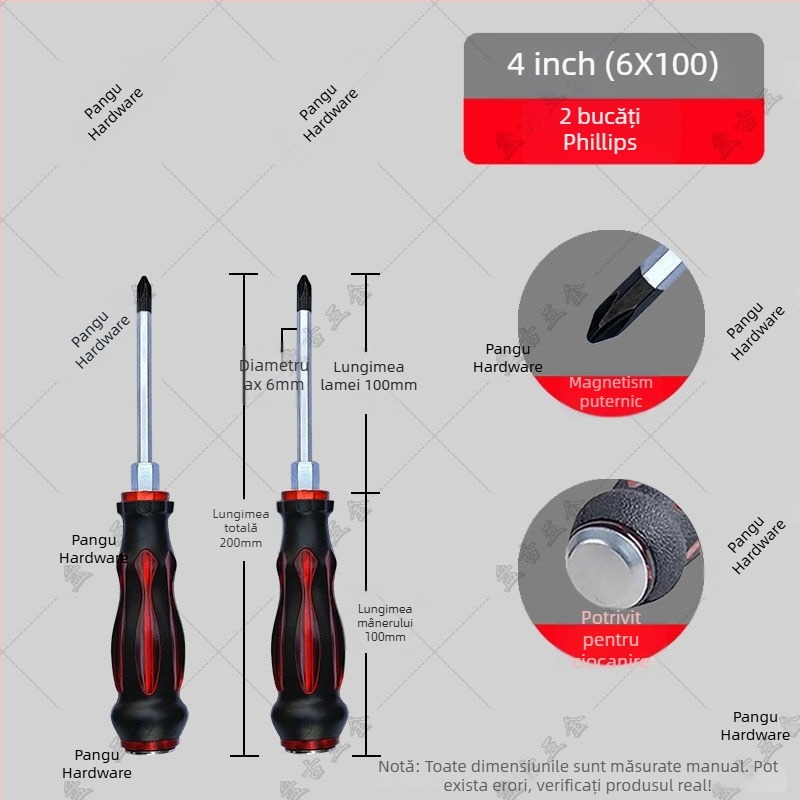 Set de șurubelnițe rezistent la impact cu bituri cruciforme și plate pentru utilizare industrială — corp din plastic; mâner din oțel crom-vanadiu; tip cap rotativ: cruciform