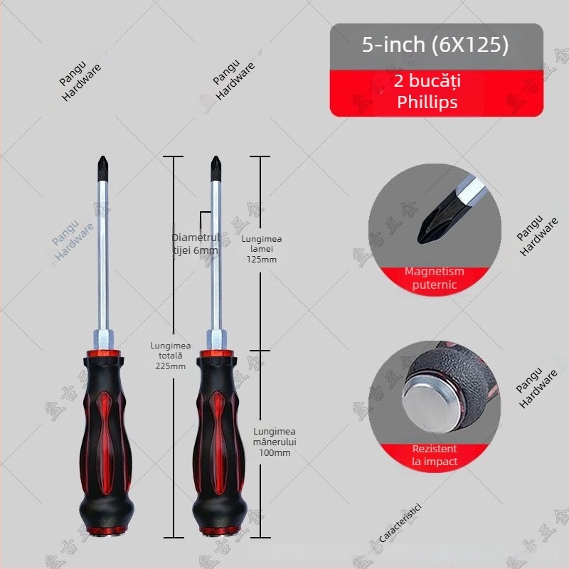 Set de șurubelnițe rezistent la impact cu bituri cruciforme și plate pentru utilizare industrială — corp din plastic; mâner din oțel crom-vanadiu; tip cap rotativ: cruciform