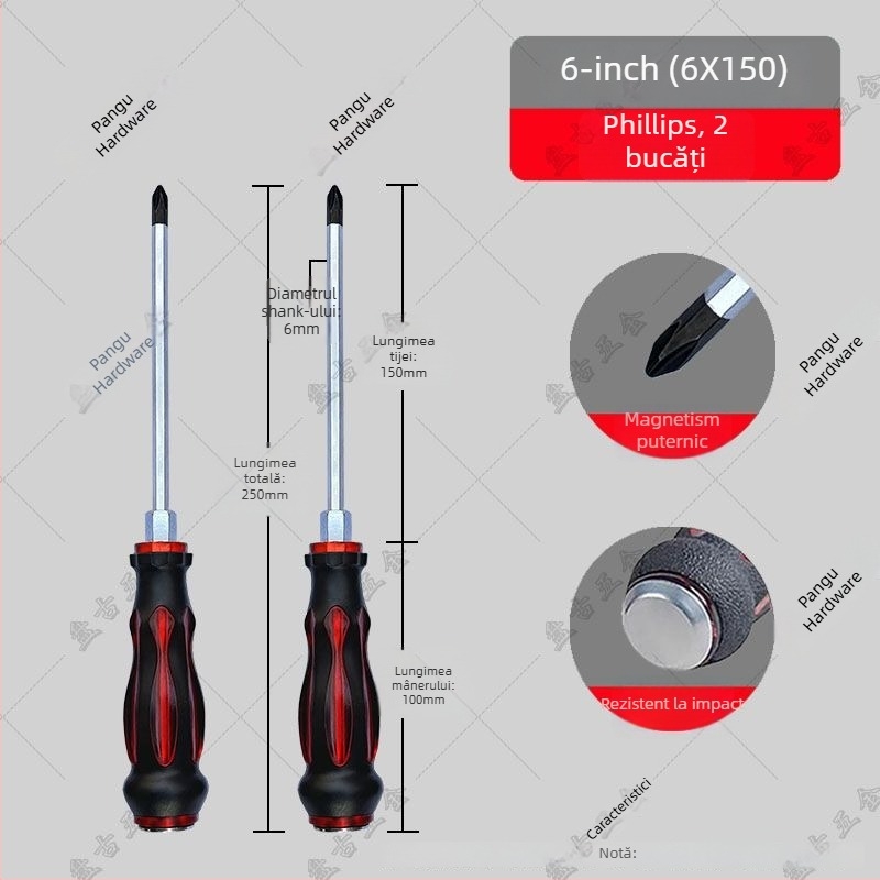 Set de șurubelnițe rezistent la impact cu bituri cruciforme și plate pentru utilizare industrială — corp din plastic; mâner din oțel crom-vanadiu; tip cap rotativ: cruciform
