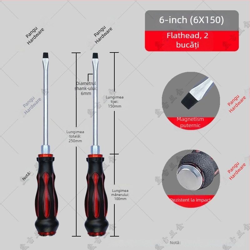 Set de șurubelnițe rezistent la impact cu bituri cruciforme și plate pentru utilizare industrială — corp din plastic; mâner din oțel crom-vanadiu; tip cap rotativ: cruciform