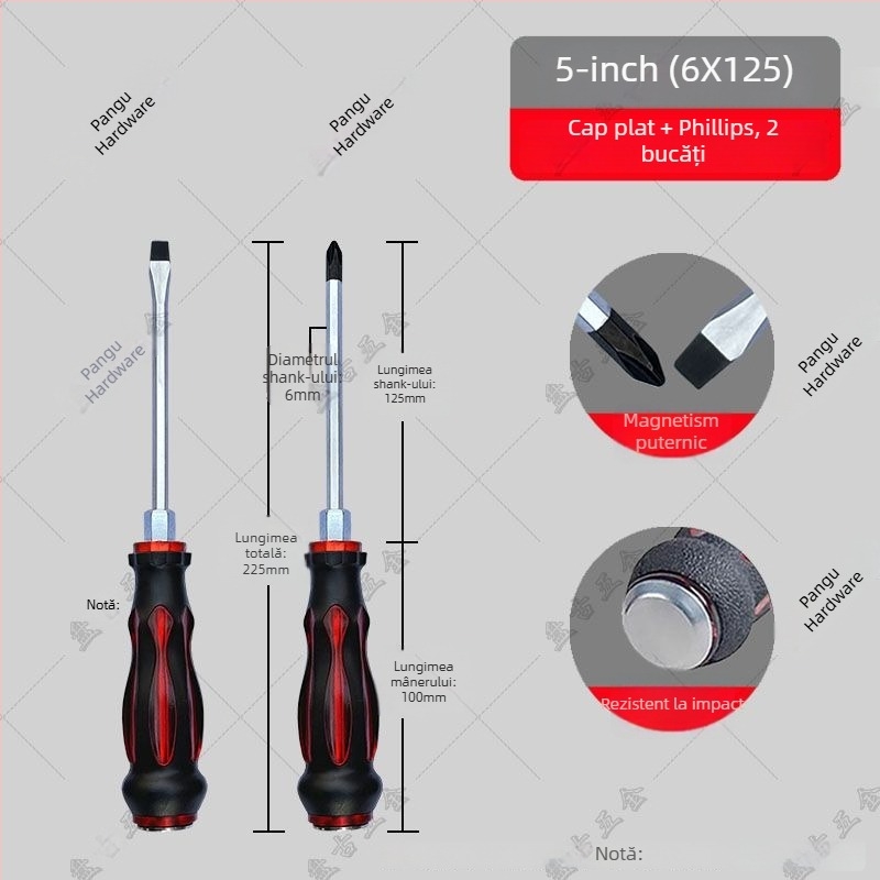 Set de șurubelnițe rezistent la impact cu bituri cruciforme și plate pentru utilizare industrială — corp din plastic; mâner din oțel crom-vanadiu; tip cap rotativ: cruciform