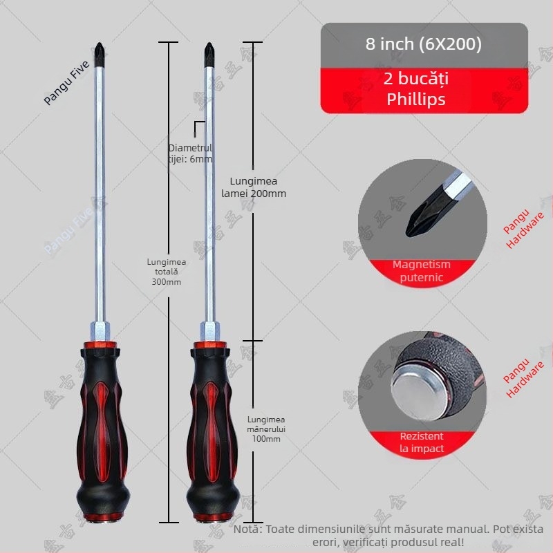 Set de șurubelnițe rezistent la impact cu bituri cruciforme și plate pentru utilizare industrială — corp din plastic; mâner din oțel crom-vanadiu; tip cap rotativ: cruciform