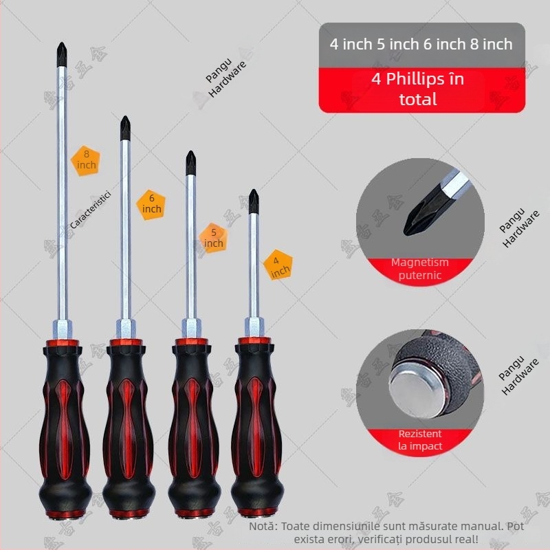 Set de șurubelnițe rezistent la impact cu bituri cruciforme și plate pentru utilizare industrială — corp din plastic; mâner din oțel crom-vanadiu; tip cap rotativ: cruciform