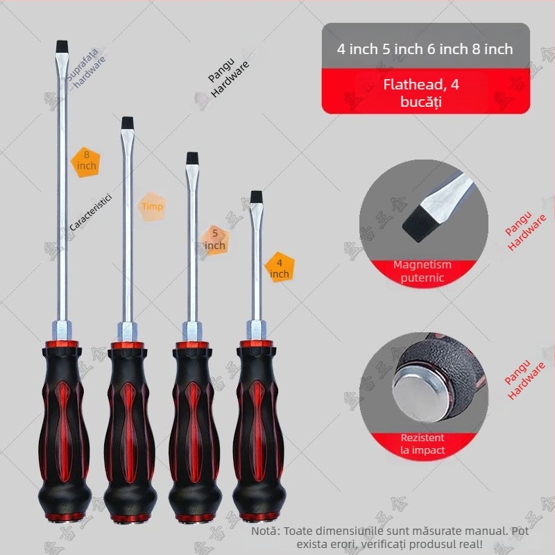 Set de șurubelnițe rezistent la impact cu bituri cruciforme și plate pentru utilizare industrială — corp din plastic; mâner din oțel crom-vanadiu; tip cap rotativ: cruciform
