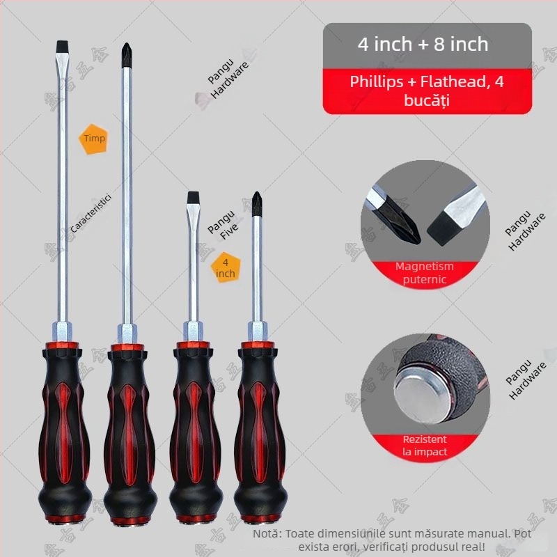 Set de șurubelnițe rezistent la impact cu bituri cruciforme și plate pentru utilizare industrială — corp din plastic; mâner din oțel crom-vanadiu; tip cap rotativ: cruciform