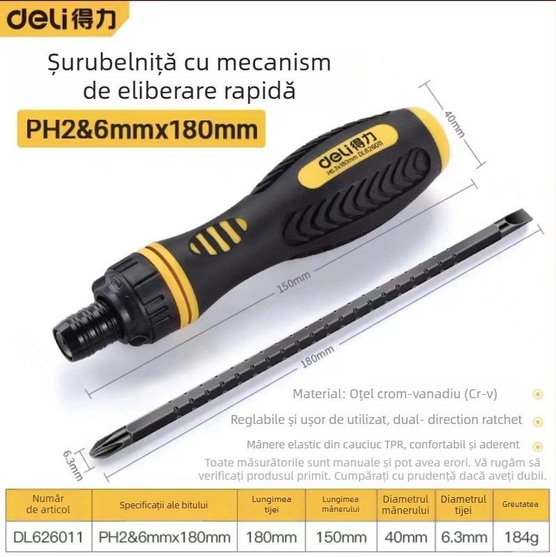 Set șurubelnițe Deli din oțel carbon, mâner din plastic, fără izolație, fără magneți, vârf plat