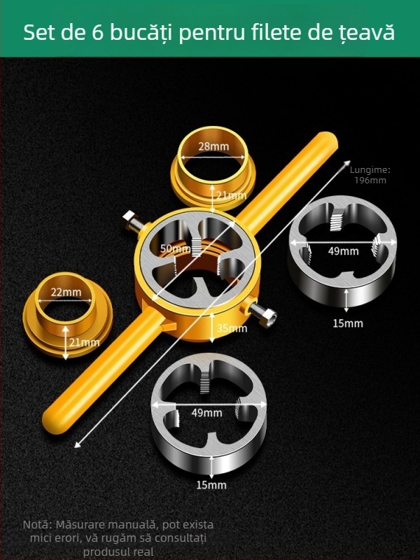 Set de șase piese pentru conducte PPR: unealtă de filetare pentru țevi și inel pentru țevi