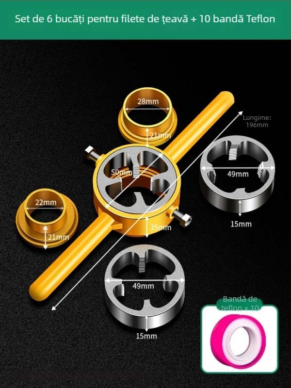 Set de șase piese pentru conducte PPR: unealtă de filetare pentru țevi și inel pentru țevi