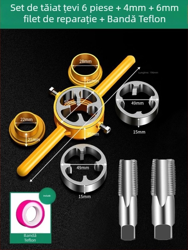 Set de șase piese pentru conducte PPR: unealtă de filetare pentru țevi și inel pentru țevi