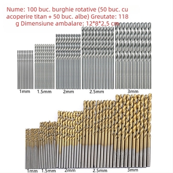 Set de 50 bucăți burghie helicoidale placate cu titan, cu ax circular