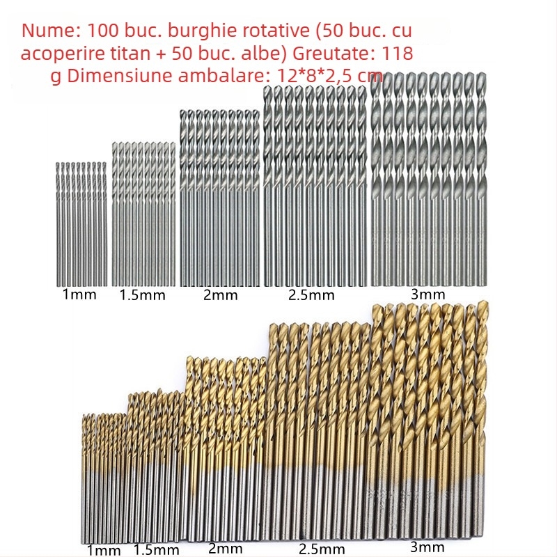 Set de 50 bucăți burghie helicoidale placate cu titan, cu ax circular