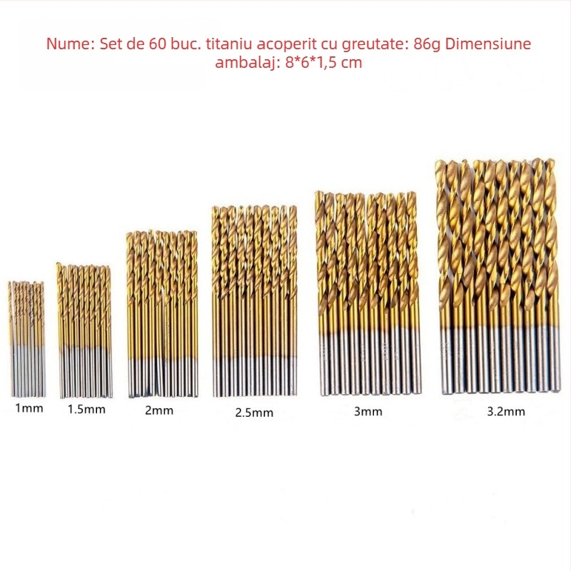 Set de 50 bucăți burghie helicoidale placate cu titan, cu ax circular