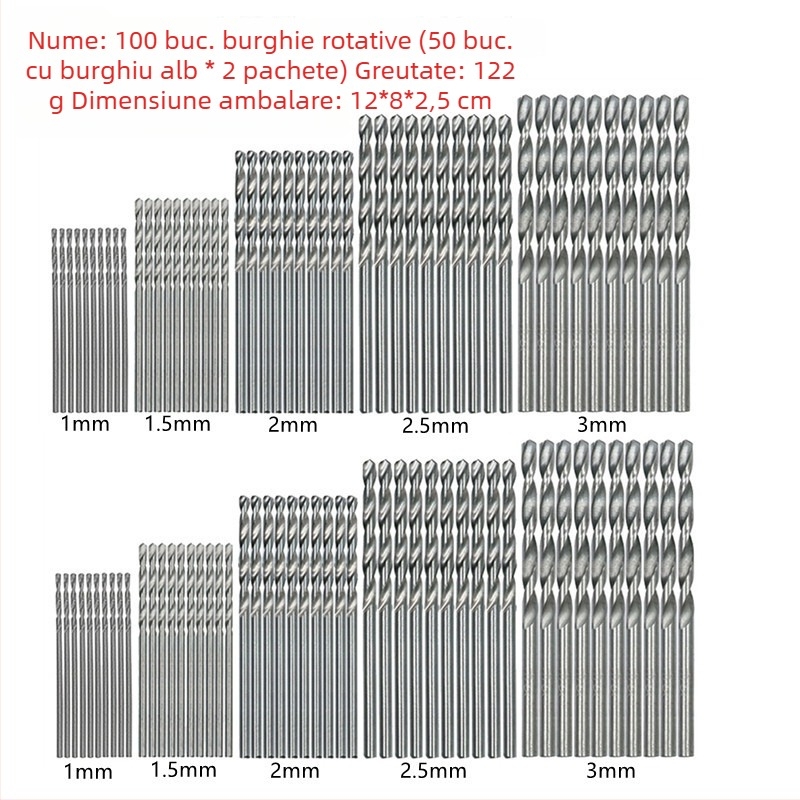 Set de 50 bucăți burghie helicoidale placate cu titan, cu ax circular