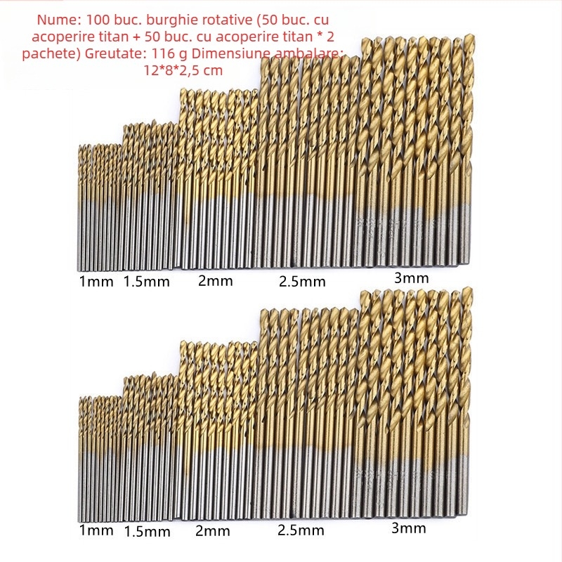Set de 50 bucăți burghie helicoidale placate cu titan, cu ax circular