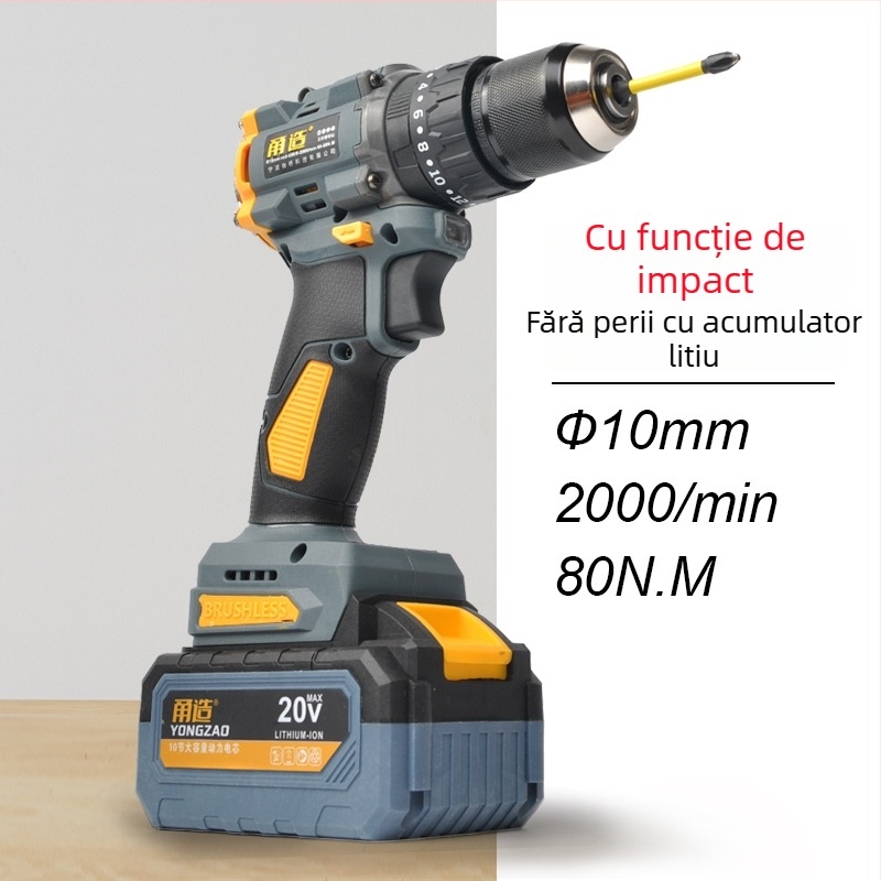 Bormașină de mână cu baterie Li‑ion 20V, cu impact, fără perii, reîncărcabilă, stil pistol