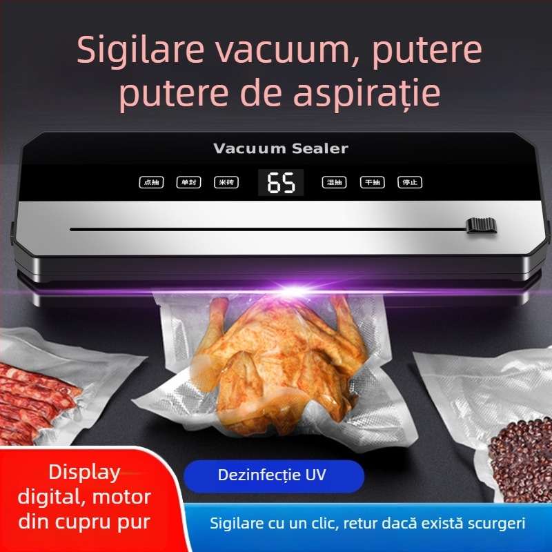 Masină automată de vidat cu afișaj digital și tăietor, sigilare din plastic, pentru vid uscat și umed – carcasa ABS, 120W, 220V, Modelul B cu lamă argintie