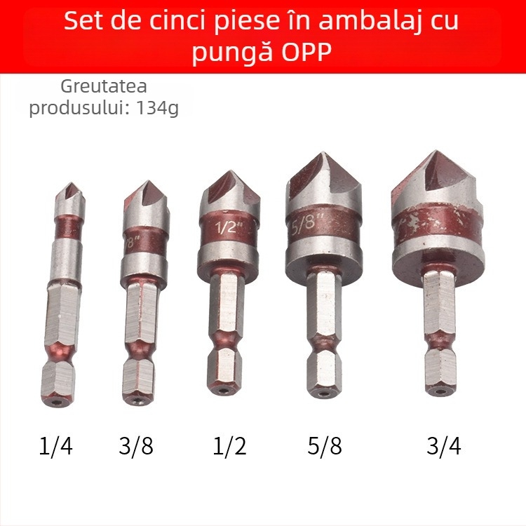 Set de unelte pentru tâmplă - 5 piese, mâner hexagonal, daltă cu cinci lame pentru fasonarea colțurilor, degrosare și extinderea găurilor