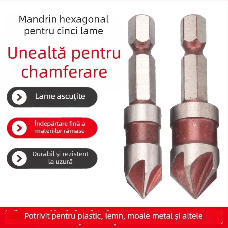 Set de unelte pentru tâmplă - 5 piese, mâner hexagonal, daltă cu cinci lame pentru fasonarea colțurilor, degrosare și extinderea găurilor