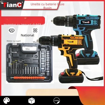 Set fără fir cu bormașină și șurubelniță, motor cu perii, 2 viteze, baterie Li-ion reîncărcabilă, mandrină de prindere manuală, înainte/înapoi