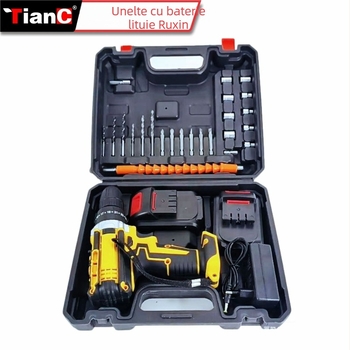Set fără fir cu bormașină și șurubelniță, motor cu perii, 2 viteze, baterie Li-ion reîncărcabilă, mandrină de prindere manuală, înainte/înapoi