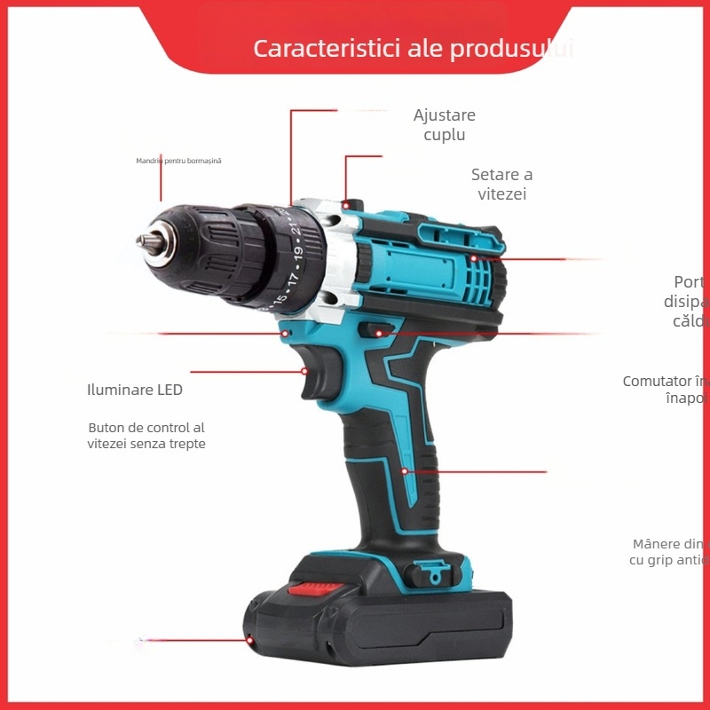 Set fără fir cu bormașină și șurubelniță, motor cu perii, 2 viteze, baterie Li-ion reîncărcabilă, mandrină de prindere manuală, înainte/înapoi