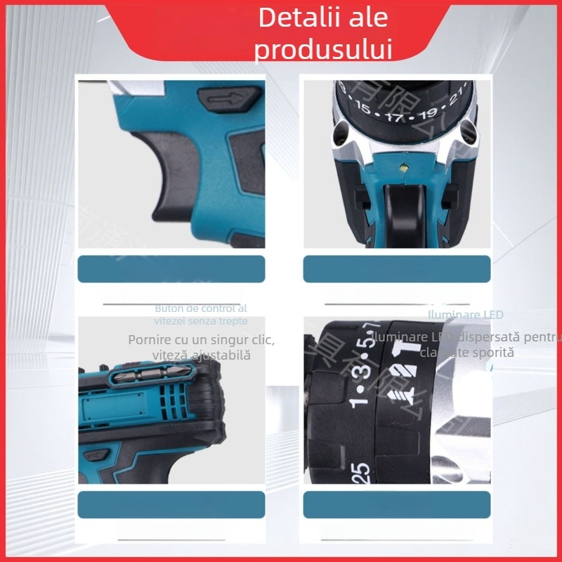 Set fără fir cu bormașină și șurubelniță, motor cu perii, 2 viteze, baterie Li-ion reîncărcabilă, mandrină de prindere manuală, înainte/înapoi