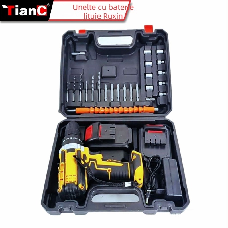 Set fără fir cu bormașină și șurubelniță, motor cu perii, 2 viteze, baterie Li-ion reîncărcabilă, mandrină de prindere manuală, înainte/înapoi