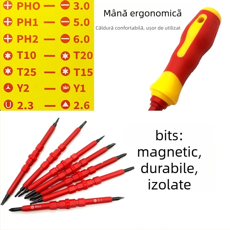 Set izolant de șurubelnițe pentru electricieni — magnetic, din oțel CR-V, capete Phillips și plate, 0,4 kg