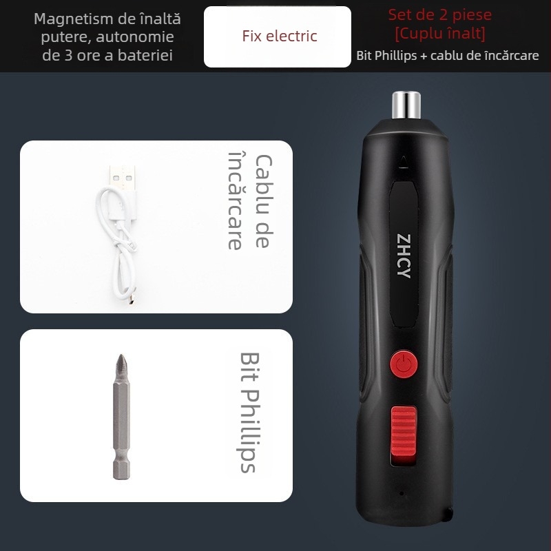 Șurubelniță electrică și mini bormașină cu baterie litiu reîncărcabilă, design drept, mandrină ținută în mână, fără reglaj de viteză, avans înainte-înapoi, pentru uz casnic