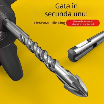 Burghiu pentru plăci ceramice, aliaj wolfram, cu patru muchii, mâner rotund, vârf triunghiular, compatibil cu burghiu cu impact