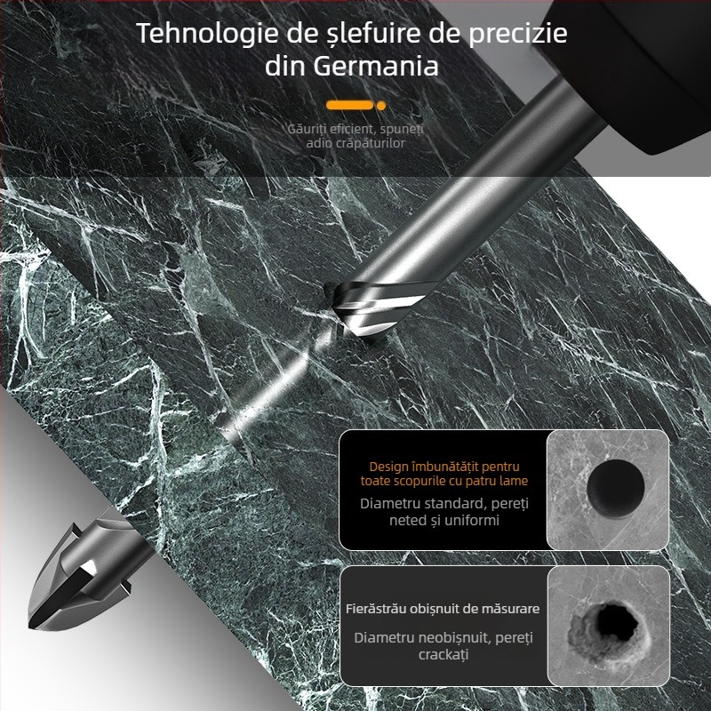 Burghiu pentru plăci ceramice, aliaj wolfram, cu patru muchii, mâner rotund, vârf triunghiular, compatibil cu burghiu cu impact