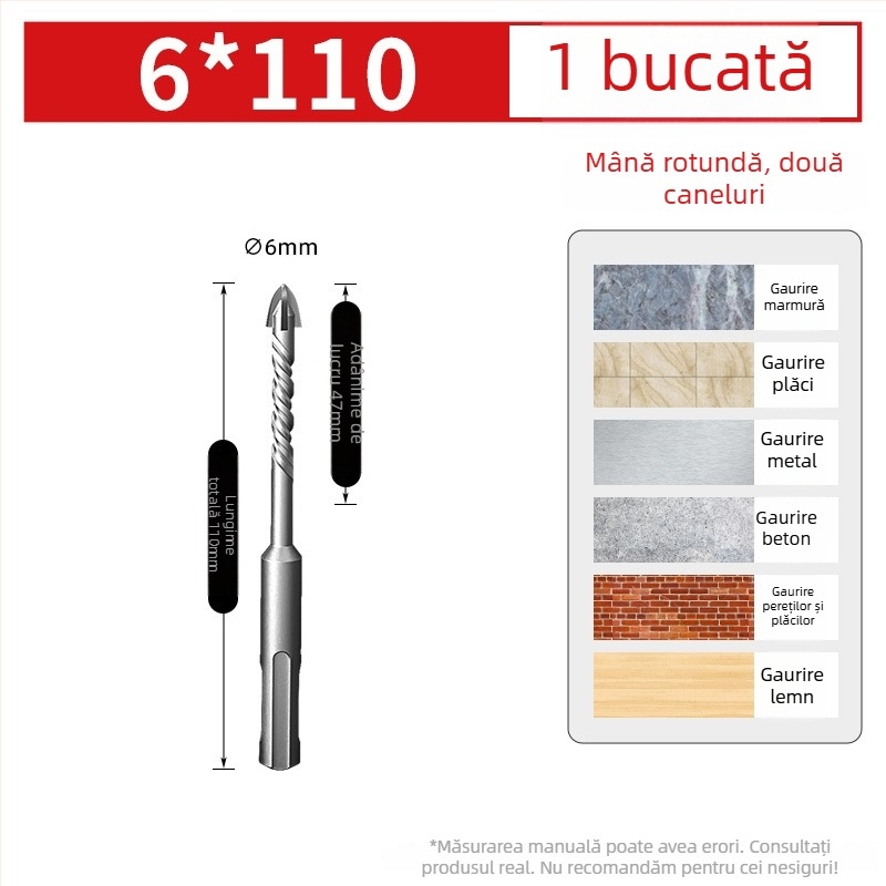 Burghiu pentru plăci ceramice, aliaj wolfram, cu patru muchii, mâner rotund, vârf triunghiular, compatibil cu burghiu cu impact