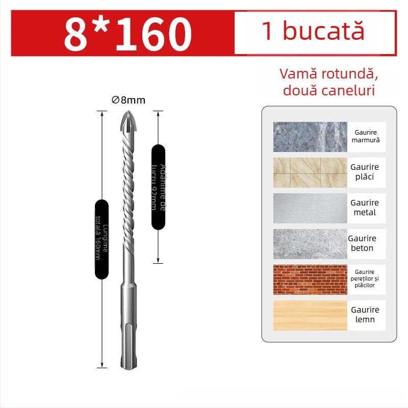 Burghiu pentru plăci ceramice, aliaj wolfram, cu patru muchii, mâner rotund, vârf triunghiular, compatibil cu burghiu cu impact