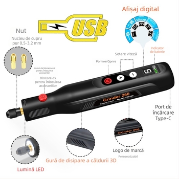 Pix șlefuit electric portabil pentru gravură, șlefuire, lustruire, tăiere și găurire; baterie litiu reîncărcabilă, 3.7–5V, 5 trepte de viteză, cablu USB inclus, greutate 0.45 kg