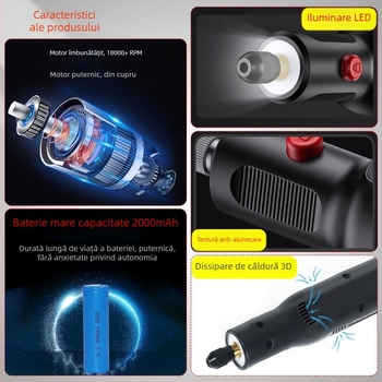 Pix șlefuit electric portabil pentru gravură, șlefuire, lustruire, tăiere și găurire; baterie litiu reîncărcabilă, 3.7–5V, 5 trepte de viteză, cablu USB inclus, greutate 0.45 kg