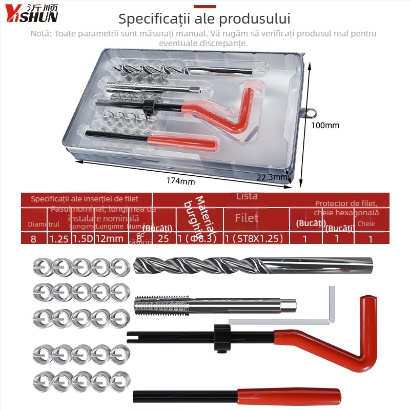Set de unelte pentru repararea filetelor, 131 de piese, manual, inele autoforante pentru șuruburi, instrument de reparare a filetelor la bujie și burghiu pentru filete