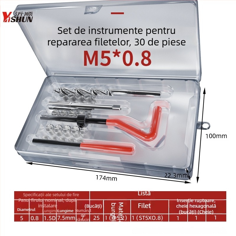 Set de unelte pentru repararea filetelor, 131 de piese, manual, inele autoforante pentru șuruburi, instrument de reparare a filetelor la bujie și burghiu pentru filete