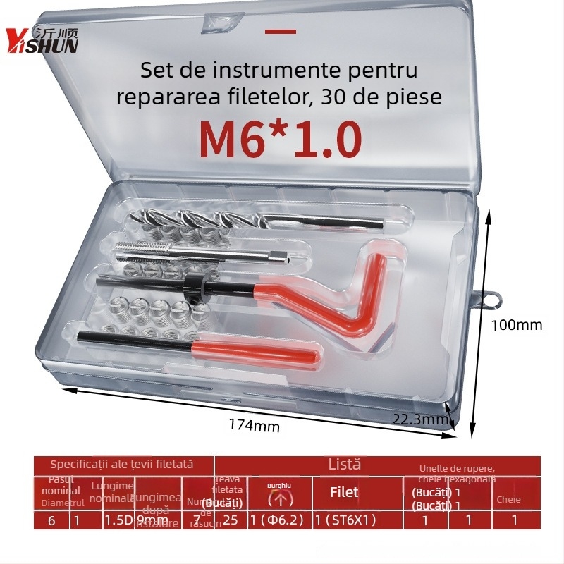 Set de unelte pentru repararea filetelor, 131 de piese, manual, inele autoforante pentru șuruburi, instrument de reparare a filetelor la bujie și burghiu pentru filete