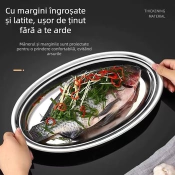 Farfurie pentru pește din oțel inoxidabil, formă neregulată, suprafață șlefuită, compatibilă cu cuptorul cu microunde, posibilitate de personalizare a siglei