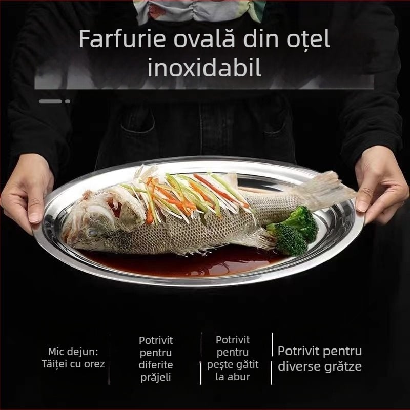 Farfurie pentru pește din oțel inoxidabil, formă neregulată, suprafață șlefuită, compatibilă cu cuptorul cu microunde, posibilitate de personalizare a siglei
