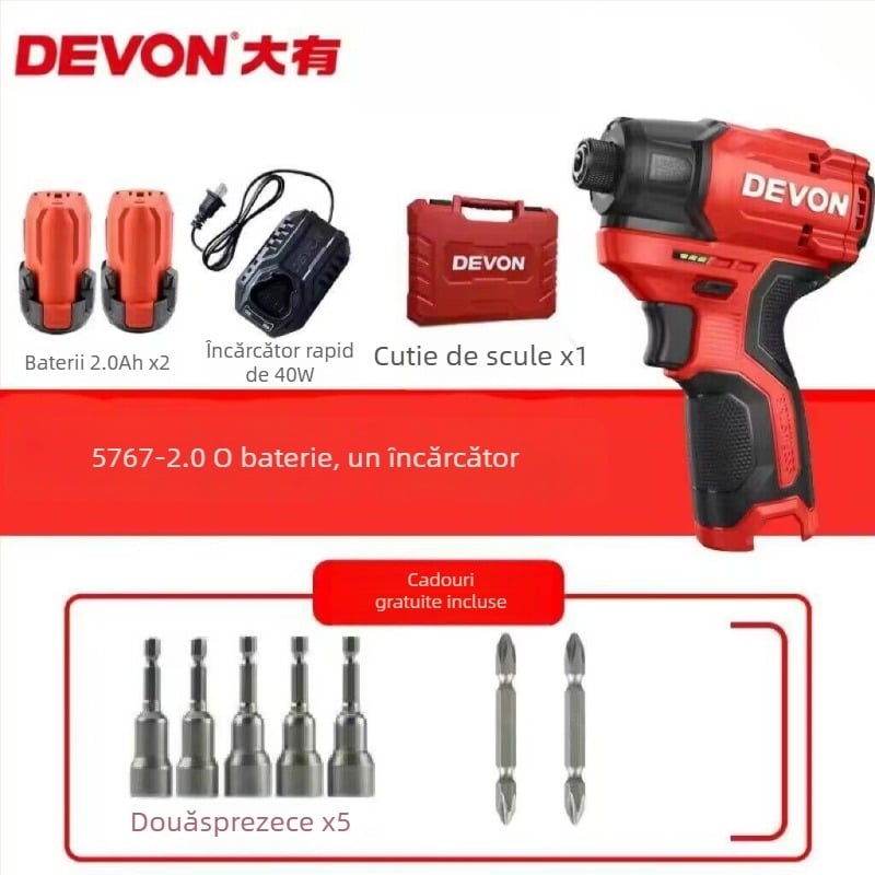 Devon șurubelniță cu impact, fără peri, cu acumulator Li‑ion, 2 în 1 – șurubelniță/mașină de găurit, reglaj viteze, înainte/înapoi, model 5767