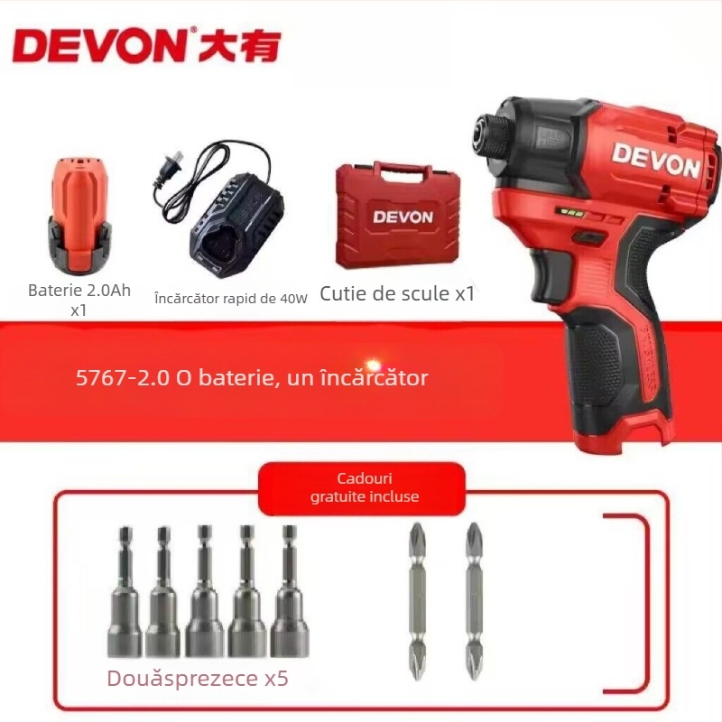 Devon șurubelniță cu impact, fără peri, cu acumulator Li‑ion, 2 în 1 – șurubelniță/mașină de găurit, reglaj viteze, înainte/înapoi, model 5767