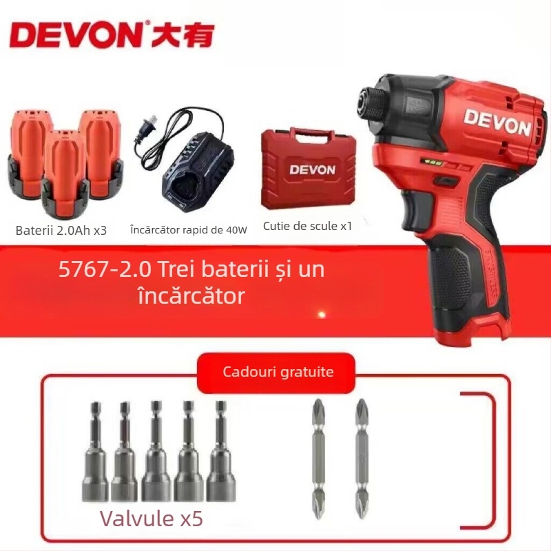 Devon șurubelniță cu impact, fără peri, cu acumulator Li‑ion, 2 în 1 – șurubelniță/mașină de găurit, reglaj viteze, înainte/înapoi, model 5767