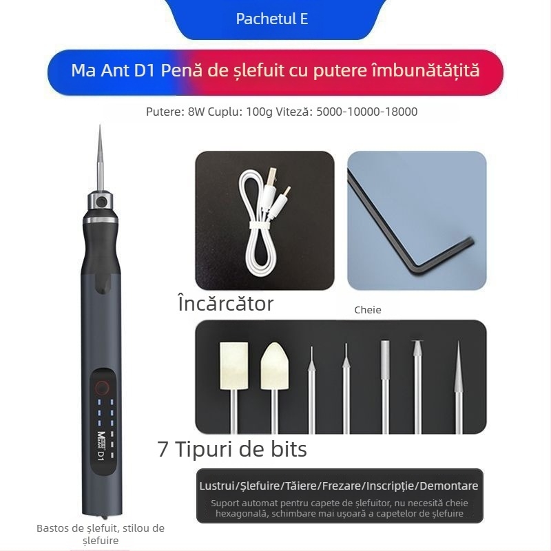 D2 Mini Stilou Electric de Șlefuire pentru Gravură și Lustruire — Alimentare 5V, Fără Reglaj de Viteze