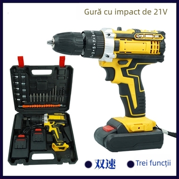 Bormașină de mână cu impact 21V, dublă viteză, trei funcții, baterie Li-Ion reîncărcabilă, mandrină cu blocare