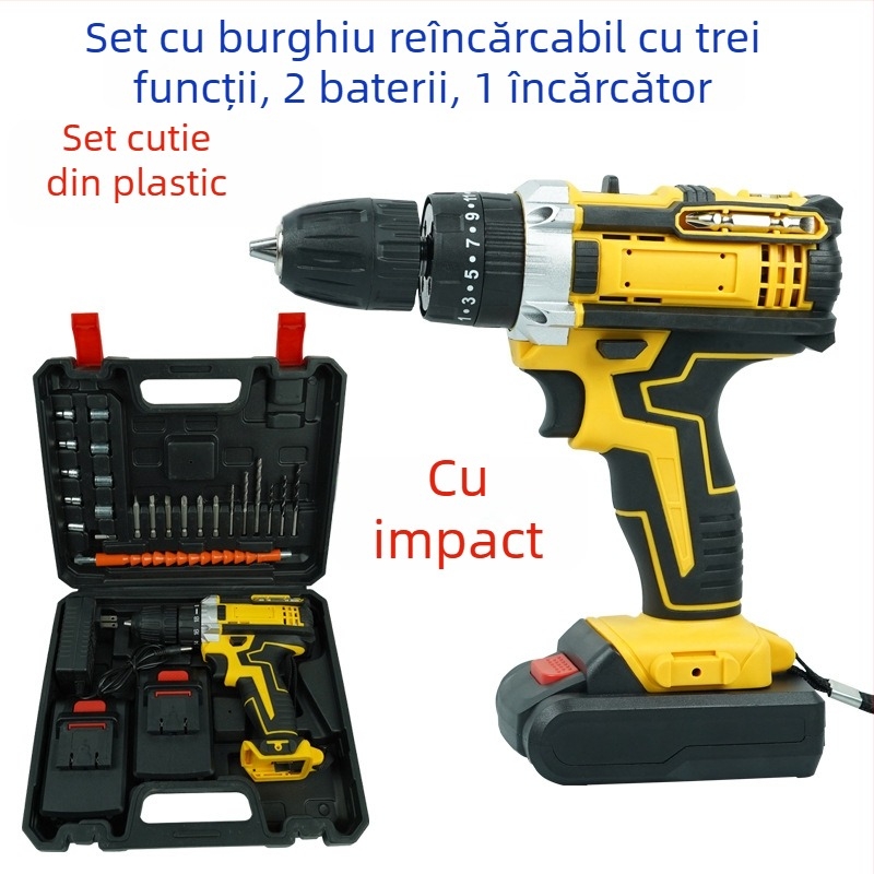 Bormașină de mână cu impact 21V, dublă viteză, trei funcții, baterie Li-Ion reîncărcabilă, mandrină cu blocare