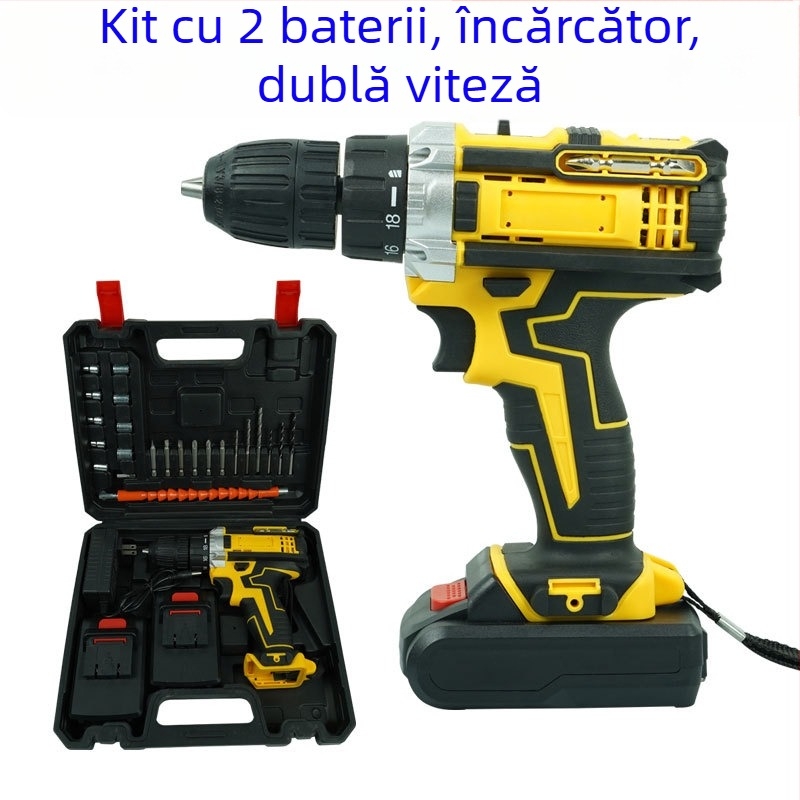 Bormașină de mână cu impact 21V, dublă viteză, trei funcții, baterie Li-Ion reîncărcabilă, mandrină cu blocare